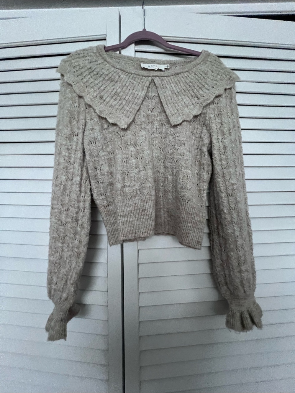 Astr Beige Cable-Knit Sweater with Oversized Peter Pan Collar